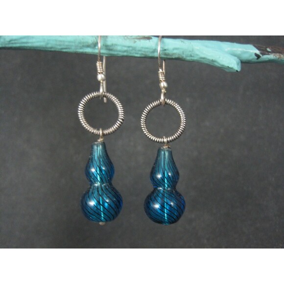 Vintage Sterling Blue Art Glass Earrings - Picture 2 of 6
